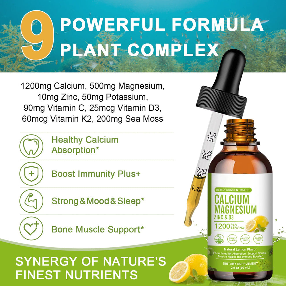 Calcium Magnesium Zinc Liquid Drop - Bone, Muscles, Mood & Sleep Support -Sugar-Free