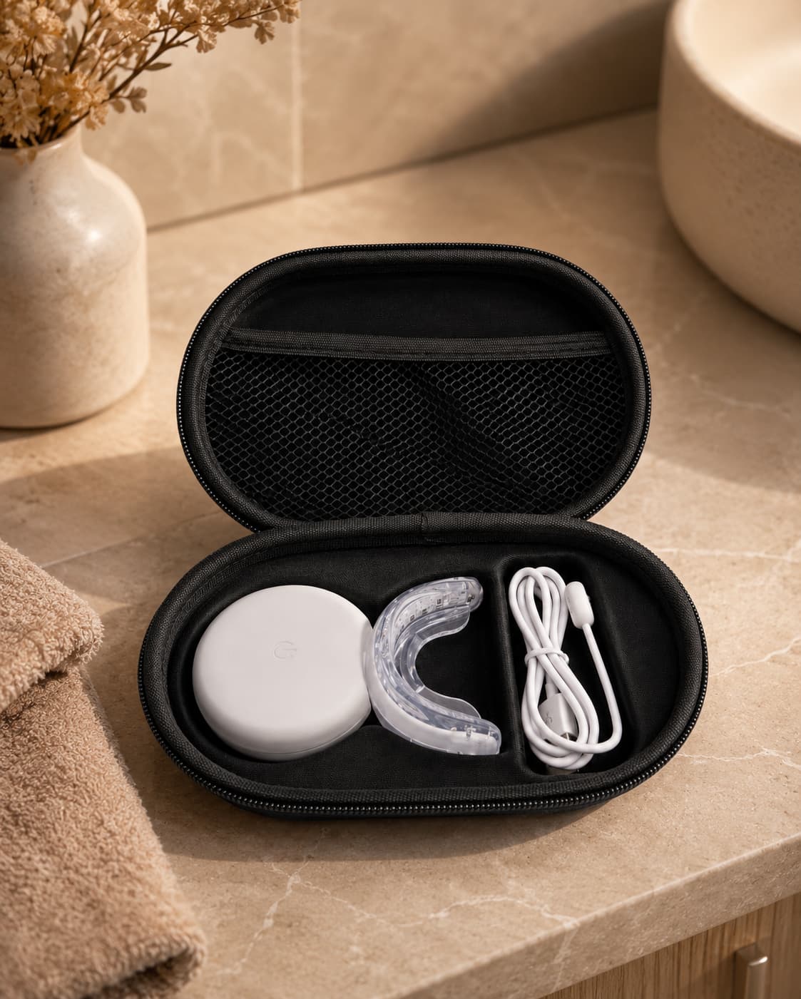 Hands placing a clean LED mouthpiece into its storage case